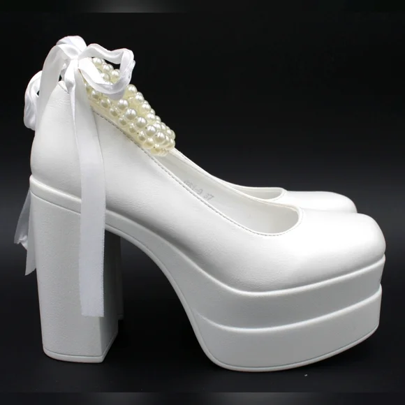 Women’s Pearl Decor Chunky Heeled Ankle Strap Heels – Size 6.5 (EU 37) - Picture 3 of 9